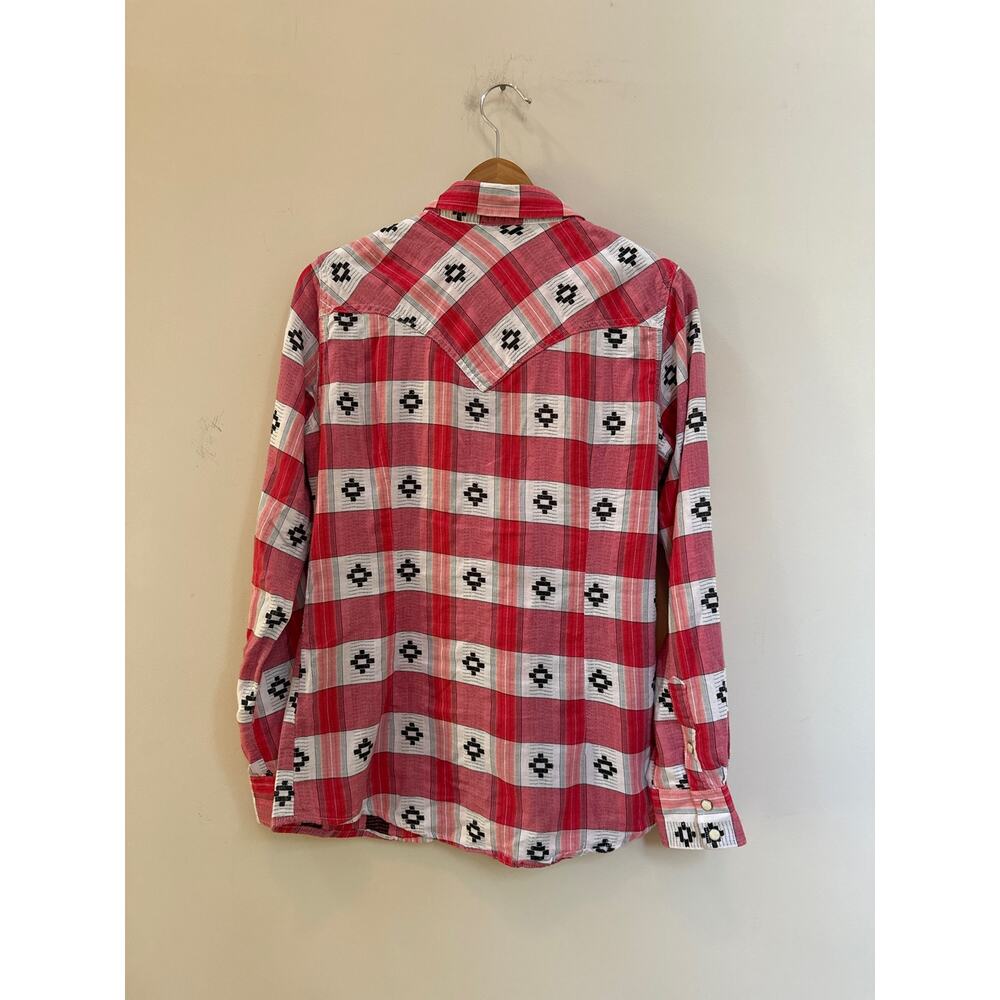 Wrangler Retro Button Up Western Shirt Pearl Snap Shirt Red Aztec Plaid Cowgirl - Picture 6 of 6